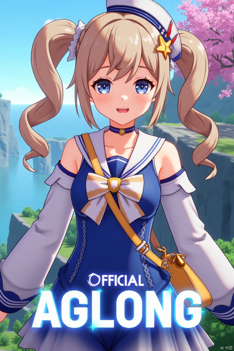 A cinematic movie poster featuring 1girl, solo, with long light brown hair styled in twin drills, bangs, and sidelocks, adorned with a hair ornament. She smiles with an open mouth, looking at the viewer with blue eyes. Wearing a blue one-piece swimsuit with a sailor collar, detached long sleeves, and a sailor hat with a bow, she also sports a choker and carries a handbag. Dynamic composition with cinematic lighting, high contrast, and sharp focus. Detailed background includes flowers and a poster theme, with three-dimensional text AGlong in the middle below. Dramatic atmosphere, official alternate costume.