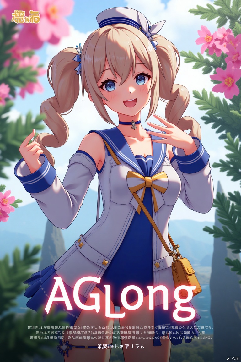 A cinematic movie poster featuring 1girl, solo, with long light brown hair styled in twin drills, bangs, and sidelocks, adorned with a hair ornament. She smiles with an open mouth, looking at the viewer with blue eyes. Wearing a blue one-piece swimsuit with a sailor collar, detached long sleeves, and a sailor hat with a bow, she also sports a choker and carries a handbag. Dynamic composition with cinematic lighting, high contrast, and sharp focus. Detailed background includes flowers and a poster theme, with three-dimensional text AGlong in the middle below. Dramatic atmosphere, official alternate costume.