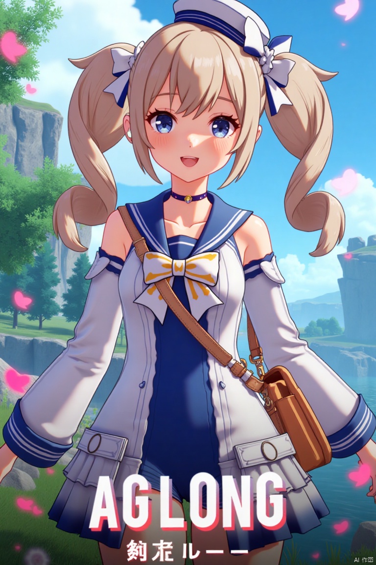A cinematic movie poster featuring 1girl, solo, with long light brown hair styled in twin drills, bangs, and sidelocks, adorned with a hair ornament. She smiles with an open mouth, looking at the viewer with blue eyes. Wearing a blue one-piece swimsuit with a sailor collar, detached long sleeves, and a sailor hat with a bow, she also sports a choker and carries a handbag. Dynamic composition with cinematic lighting, high contrast, and sharp focus. Detailed background includes flowers and a poster theme, with three-dimensional text AGlong in the middle below. Dramatic atmosphere, official alternate costume.