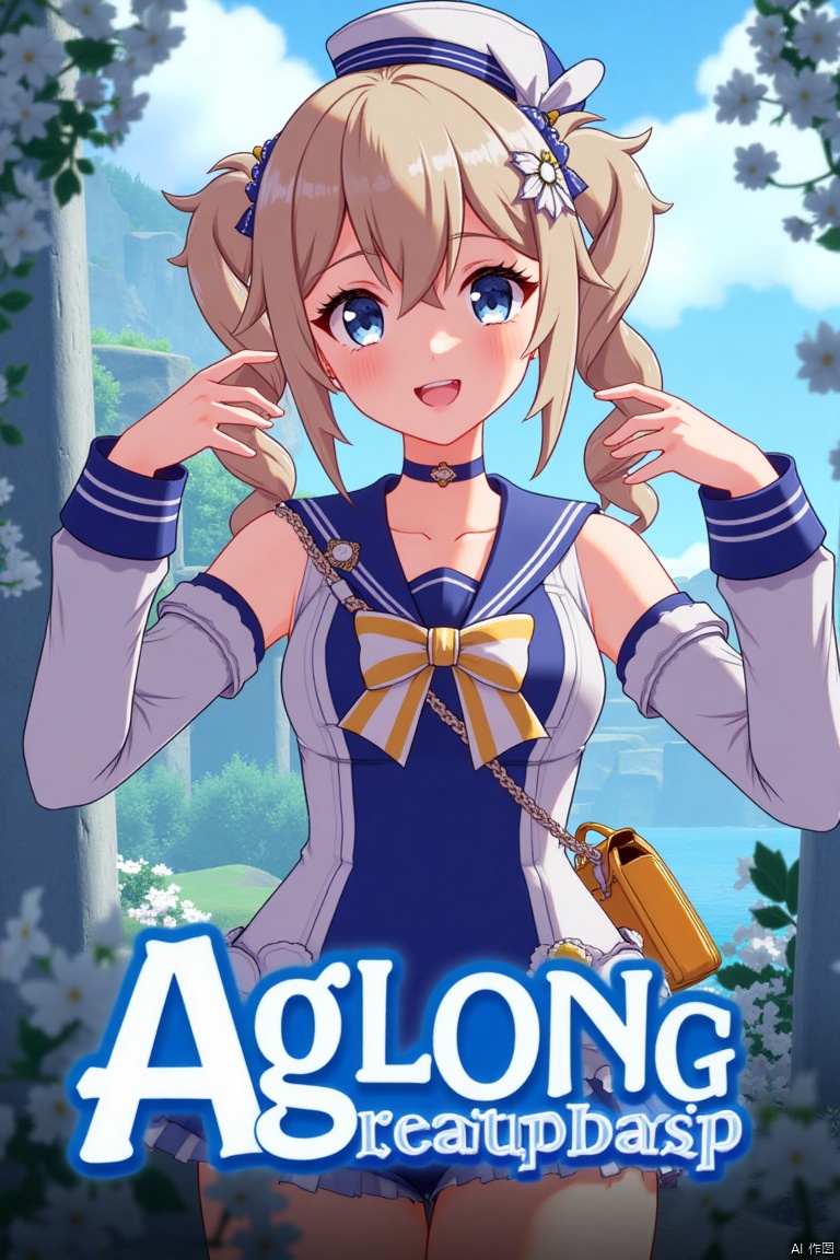 A cinematic movie poster featuring 1girl, solo, with long light brown hair styled in twin drills, bangs, and sidelocks, adorned with a hair ornament. She smiles with an open mouth, looking at the viewer with blue eyes. Wearing a blue one-piece swimsuit with a sailor collar, detached long sleeves, and a sailor hat with a bow, she also sports a choker and carries a handbag. Dynamic composition with cinematic lighting, high contrast, and sharp focus. Detailed background includes flowers and a poster theme, with three-dimensional text AGlong in the middle below. Dramatic atmosphere, official alternate costume.