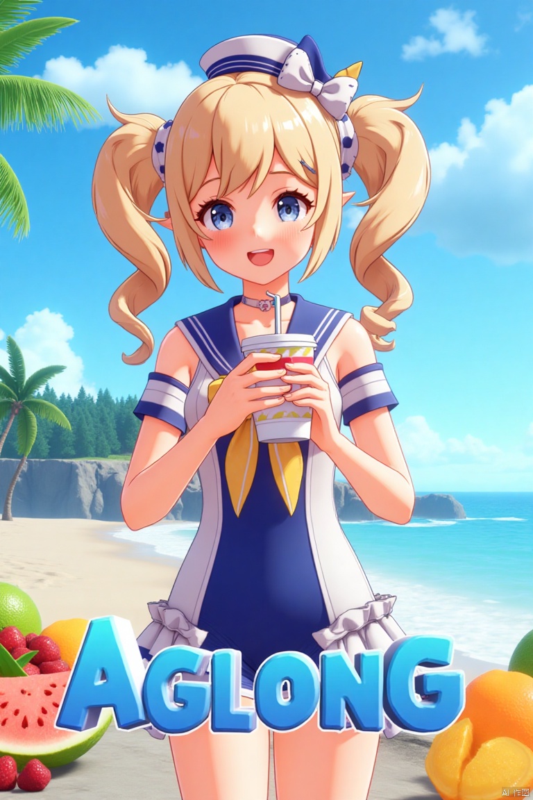 A cinematic movie poster featuring 1girl with a blush, smiling with an open mouth, blue eyes, and blonde hair in twintails, wearing a one-piece swimsuit with a sailor collar, detached sleeves, and a sailor hat with a bow. She is holding a cup with a drinking straw, set outdoors on a beach with a blue sky, ocean, and fruit scattered around. The dynamic composition includes a detailed background with a poster theme, cinematic lighting, high contrast, sharp focus, and a dramatic atmosphere. Three-dimensional text AGlong is placed prominently in the middle below, enhancing the cinematic and dramatic visual impact.