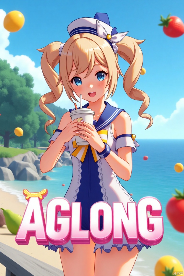 A cinematic movie poster featuring 1girl with a blush, smiling with an open mouth, blue eyes, and blonde hair in twintails, wearing a one-piece swimsuit with a sailor collar, detached sleeves, and a sailor hat with a bow. She is holding a cup with a drinking straw, set outdoors on a beach with a blue sky, ocean, and fruit scattered around. The dynamic composition includes a detailed background with a poster theme, cinematic lighting, high contrast, sharp focus, and a dramatic atmosphere. Three-dimensional text AGlong is placed prominently in the middle below, enhancing the cinematic and dramatic visual impact.