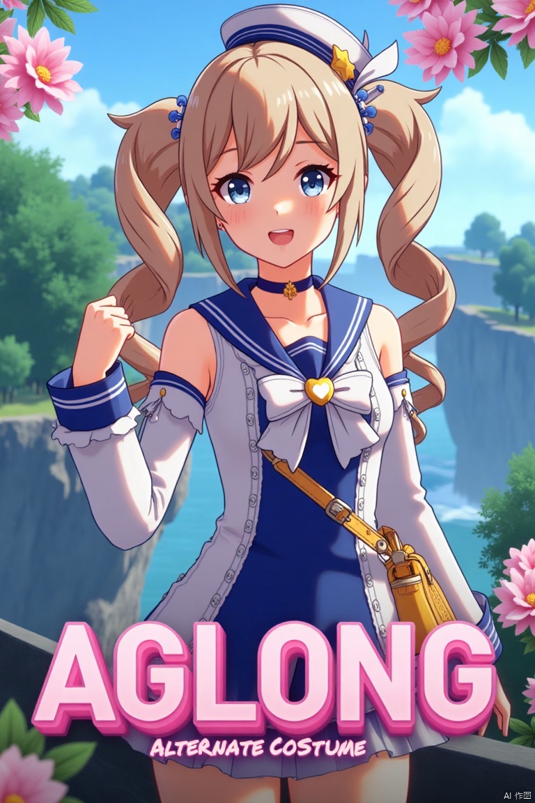 A cinematic movie poster featuring 1girl, solo, with long light brown hair styled in twin drills, bangs, and sidelocks, adorned with a hair ornament. She smiles with an open mouth, looking at the viewer with blue eyes. Wearing a blue one-piece swimsuit with a sailor collar, detached long sleeves, and a sailor hat with a bow, she also sports a choker and carries a handbag. Dynamic composition with cinematic lighting, high contrast, and sharp focus. Detailed background includes flowers and a poster theme, with three-dimensional text AGlong in the middle below. Dramatic atmosphere, official alternate costume.