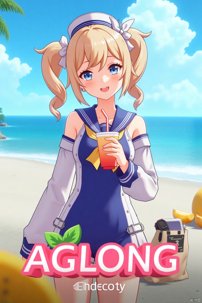 A cinematic movie poster featuring 1girl with a blush, smiling with an open mouth, blue eyes, and blonde hair styled in twin drills. She wears a one-piece swimsuit with a sailor collar, detached long sleeves, and a sailor hat with a bow. Holding a cup with a drinking straw, she stands outdoors on a beach with the ocean and blue sky in the background. Dynamic composition with cinematic lighting, high contrast, and sharp focus. Detailed background includes fruit and a bag, with three-dimensional text AGlong in the middle below. Dramatic atmosphere, official alternate costume, and a poster theme.