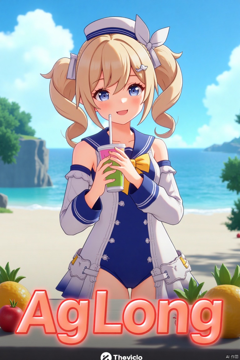 A cinematic movie poster featuring 1girl with a blush, smiling with an open mouth, blue eyes, and blonde hair styled in twin drills. She wears a one-piece swimsuit with a sailor collar, detached long sleeves, and a sailor hat with a bow. Holding a cup with a drinking straw, she stands outdoors on a beach with the ocean and blue sky in the background. Dynamic composition with cinematic lighting, high contrast, and sharp focus. Detailed background includes fruit and a bag, with three-dimensional text AGlong in the middle below. Dramatic atmosphere, official alternate costume, and a poster theme.