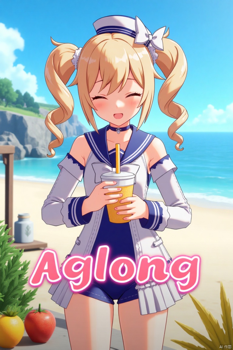 A cinematic movie poster featuring 1girl with a blush, smiling with an open mouth, blue eyes, and blonde hair styled in twin drills. She wears a one-piece swimsuit with a sailor collar, detached long sleeves, and a sailor hat with a bow. Holding a cup with a drinking straw, she stands outdoors on a beach with the ocean and blue sky in the background. Dynamic composition with cinematic lighting, high contrast, and sharp focus. Detailed background includes fruit and a bag, with three-dimensional text AGlong in the middle below. Dramatic atmosphere, official alternate costume, and a poster theme.