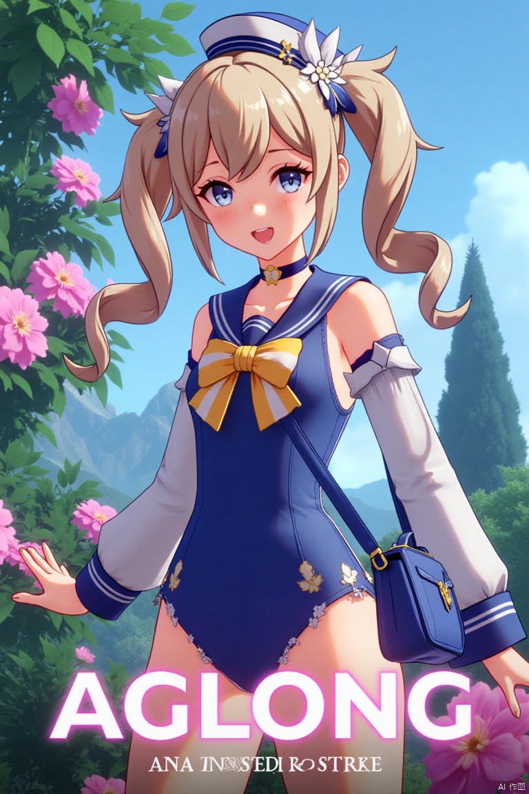 A cinematic movie poster featuring 1girl, solo, with long light brown hair styled in twin drills, bangs, and sidelocks, adorned with a hair ornament. She smiles with an open mouth, looking at the viewer with blue eyes. Wearing a blue one-piece swimsuit with a sailor collar, detached long sleeves, and a sailor hat with a bow, she also sports a choker and carries a handbag. Dynamic composition with cinematic lighting, high contrast, and sharp focus. Detailed background includes flowers and a poster theme, with three-dimensional text AGlong in the middle below. Dramatic atmosphere, official alternate costume.