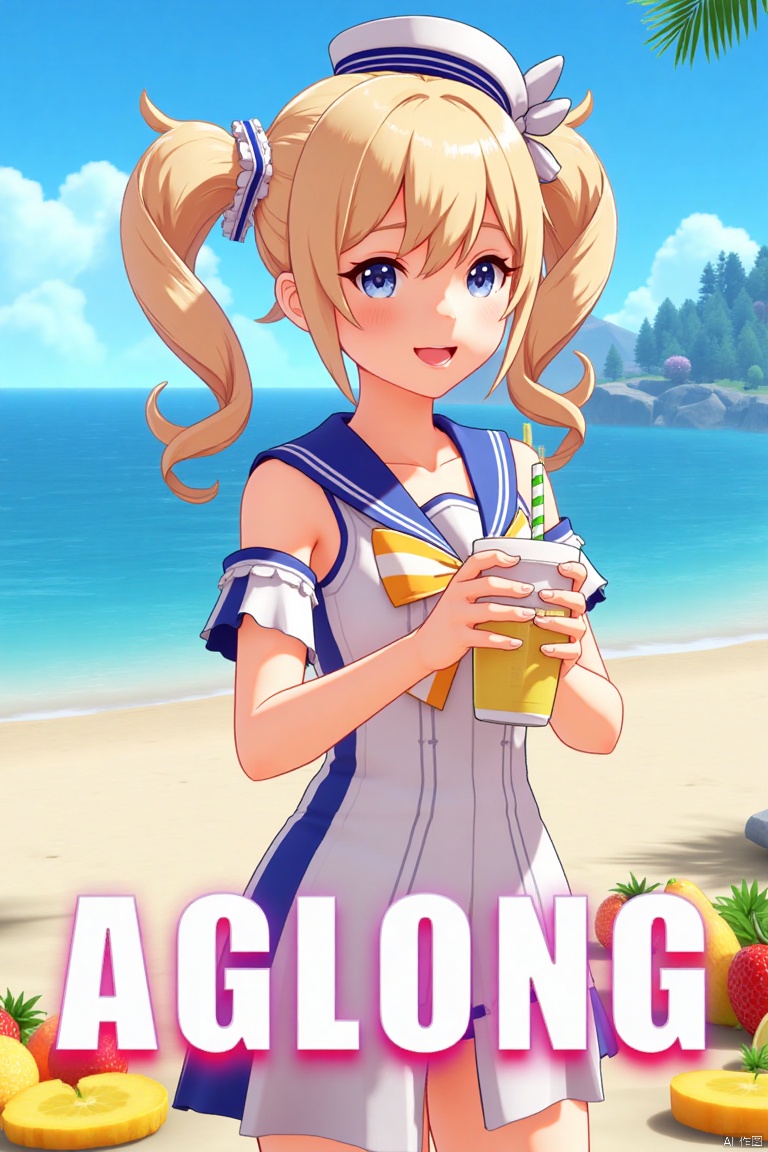 A cinematic movie poster featuring 1girl with a blush, smiling with an open mouth, blue eyes, and blonde hair in twintails, wearing a one-piece swimsuit with a sailor collar, detached sleeves, and a sailor hat with a bow. She is holding a cup with a drinking straw, set outdoors on a beach with a blue sky, ocean, and fruit scattered around. The dynamic composition includes a detailed background with a poster theme, cinematic lighting, high contrast, sharp focus, and a dramatic atmosphere. Three-dimensional text AGlong is placed prominently in the middle below, enhancing the cinematic and dramatic visual impact.