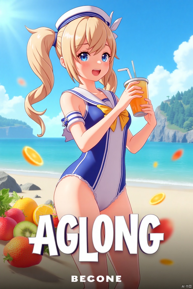 A cinematic movie poster featuring 1girl with a blush, smiling with an open mouth, blue eyes, and blonde hair in twintails, wearing a one-piece swimsuit with a sailor collar, detached sleeves, and a sailor hat with a bow. She is holding a cup with a drinking straw, set outdoors on a beach with a blue sky, ocean, and fruit scattered around. The dynamic composition includes a detailed background with a poster theme, cinematic lighting, high contrast, sharp focus, and a dramatic atmosphere. Three-dimensional text AGlong is placed prominently in the middle below, enhancing the cinematic and dramatic visual impact.