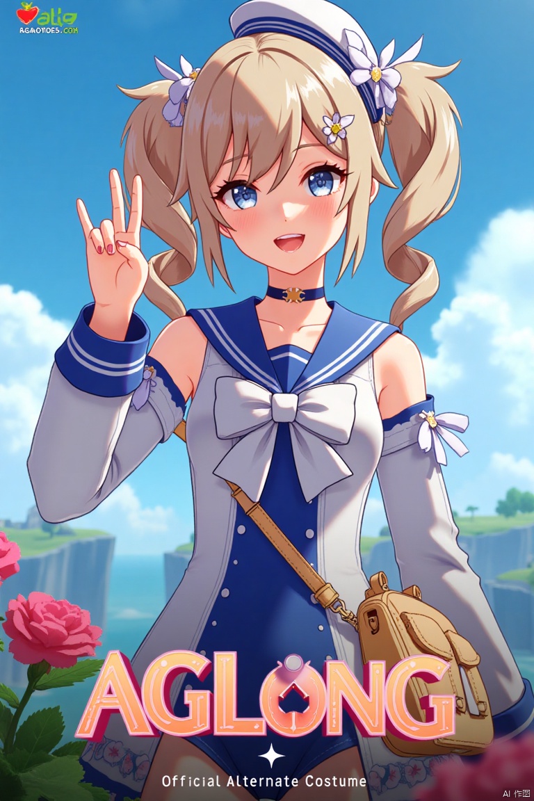 A cinematic movie poster featuring 1girl, solo, with long light brown hair styled in twin drills, bangs, and sidelocks, adorned with a hair ornament. She smiles with an open mouth, looking at the viewer with blue eyes. Wearing a blue one-piece swimsuit with a sailor collar, detached long sleeves, and a sailor hat with a bow, she also sports a choker and carries a handbag. Dynamic composition with cinematic lighting, high contrast, and sharp focus. Detailed background includes flowers and a poster theme, with three-dimensional text AGlong in the middle below. Dramatic atmosphere, official alternate costume.