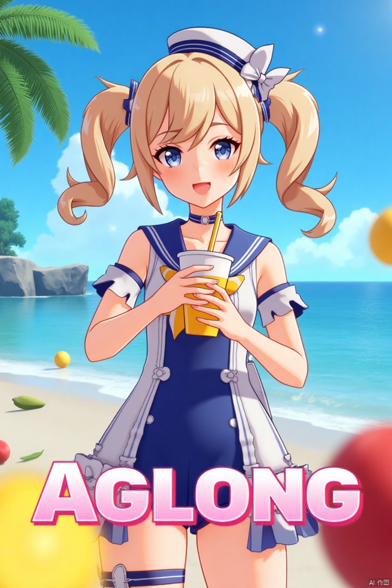 A cinematic movie poster featuring 1girl with a blush, smiling with an open mouth, blue eyes, and blonde hair in twintails, wearing a one-piece swimsuit with a sailor collar, detached sleeves, and a sailor hat with a bow. She is holding a cup with a drinking straw, set outdoors on a beach with a blue sky, ocean, and fruit scattered around. The dynamic composition includes a detailed background with a poster theme, cinematic lighting, high contrast, sharp focus, and a dramatic atmosphere. Three-dimensional text AGlong is placed prominently in the middle below, enhancing the cinematic and dramatic visual impact.