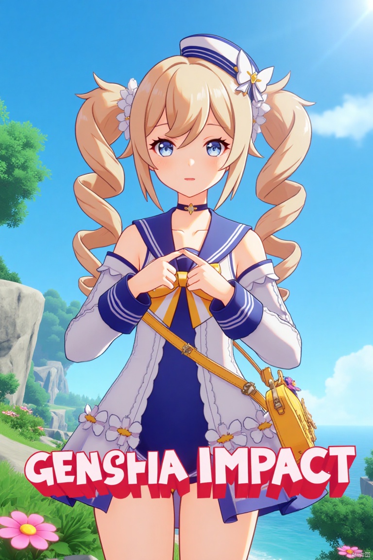1girl, solo, long hair, looking at viewer, smile, open mouth, bangs, blue eyes, blonde hair, hair ornament, long sleeves, hat, bow, twintails, swimsuit, flower, :d, sidelocks, detached sleeves, choker, sailor collar, bag, official alternate costume, one-piece swimsuit, v, covered navel, drill hair, light brown hair, twin drills, blue one-piece swimsuit, handbag, sailor hat, double v, Barbara (Genshin Impact), cinematic lighting, dynamic composition, detailed background with poster theme, high contrast, sharp focus, dramatic atmosphere, three-dimensional text AGlong in the middle below, movie poster, vibrant colors, sunny day, playful pose, holding a handbag, surrounded by flowers, ocean waves in the background, sailor hat tilted slightly, twin drills swaying, cheerful expression, vibrant blue sky, cinematic framing.