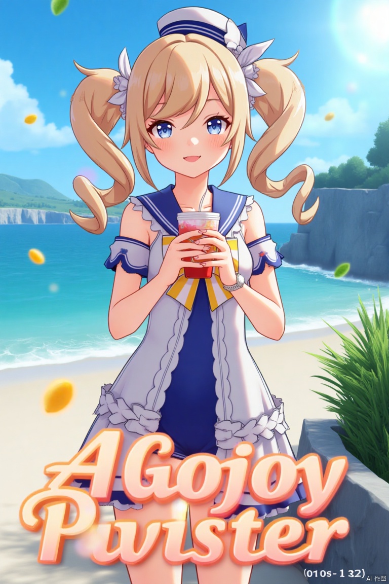 A cinematic movie poster featuring 1girl with a blush, smiling with an open mouth, blue eyes, and blonde hair in twintails, wearing a one-piece swimsuit with a sailor collar, detached sleeves, and a sailor hat with a bow. She is holding a cup with a drinking straw, set outdoors on a beach with a blue sky, ocean, and fruit scattered around. The dynamic composition includes a detailed background with a poster theme, cinematic lighting, high contrast, sharp focus, and a dramatic atmosphere. Three-dimensional text AGlong is placed prominently in the middle below, enhancing the cinematic and dramatic visual impact.