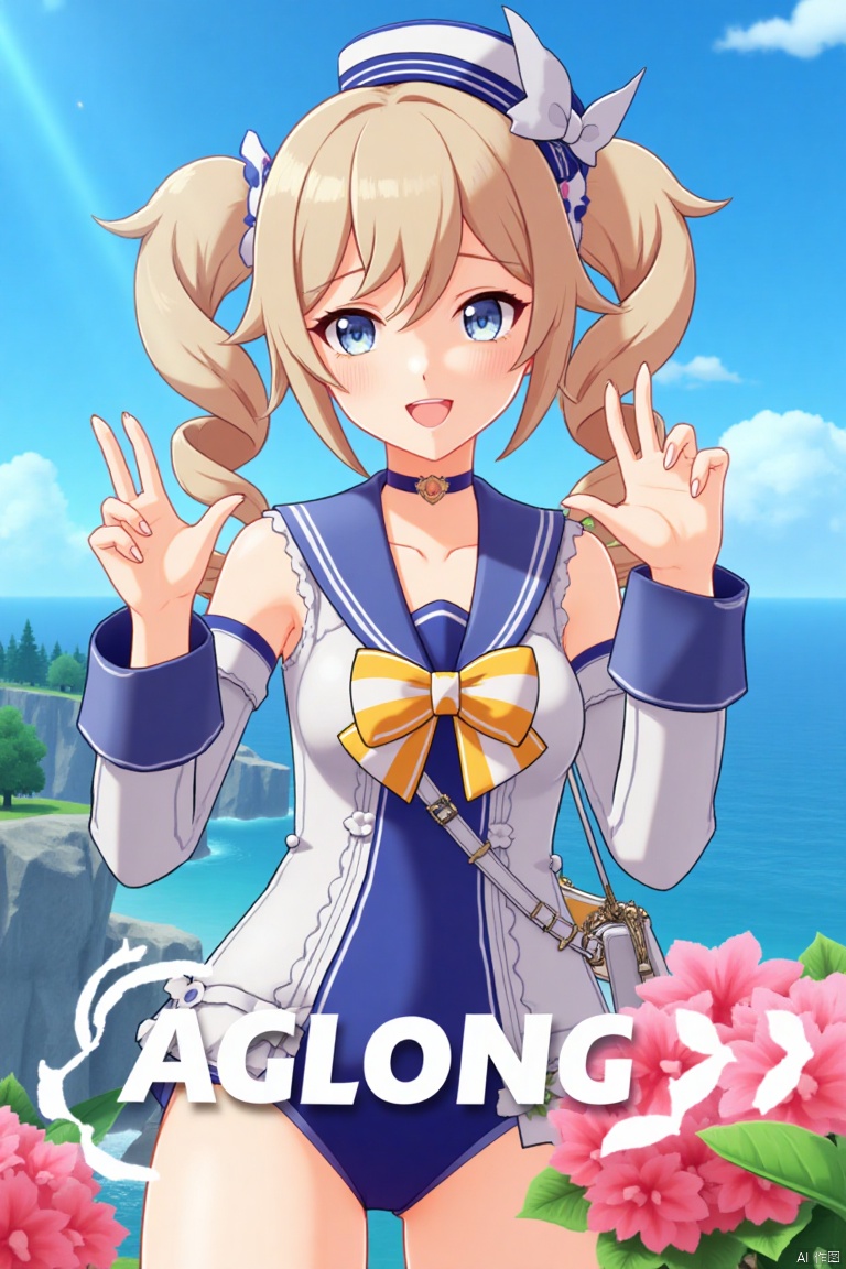 1girl, solo, long hair, looking at viewer, smile, open mouth, bangs, blue eyes, blonde hair, hair ornament, long sleeves, hat, bow, twintails, swimsuit, flower, :d, sidelocks, detached sleeves, choker, sailor collar, bag, official alternate costume, one-piece swimsuit, v, covered navel, drill hair, light brown hair, twin drills, blue one-piece swimsuit, handbag, sailor hat, double v, Barbara (Genshin Impact), cinematic lighting, dynamic composition, detailed background with poster theme, high contrast, sharp focus, dramatic atmosphere, three-dimensional text AGlong in the middle below, movie poster, vibrant colors, sunny day, playful pose, holding a handbag, surrounded by flowers, ocean waves in the background, sailor hat tilted slightly, twin drills swaying, cheerful expression, vibrant blue sky, cinematic framing.