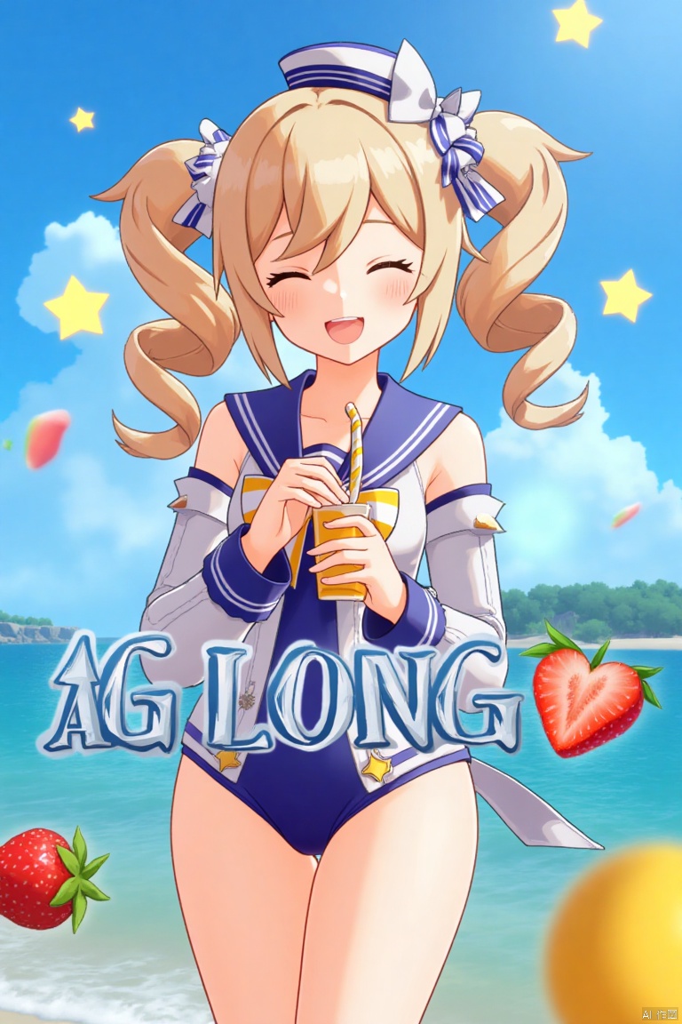 1girl, blush, smile, open mouth, blue eyes, blonde hair, long sleeves, hat, bow, holding, twintails, swimsuit, outdoors, detached sleeves, one eye closed, food, sky, day, sailor collar, bag, official alternate costume, cup, blue sky, one-piece swimsuit, fruit, ocean, beach, drill hair, twin drills, drinking straw, drink, sailor hat, Barbara (Genshin Impact), cinematic lighting, dynamic composition, detailed background with poster theme, high contrast, sharp focus, dramatic atmosphere, three-dimensional text AGlong in the middle below, movie poster, vibrant colors, sunny day, playful pose, holding a drink with a straw, surrounded by fruit, ocean waves in the background, sailor hat tilted slightly, twin drills swaying, cheerful expression, vibrant blue sky, cinematic framing.