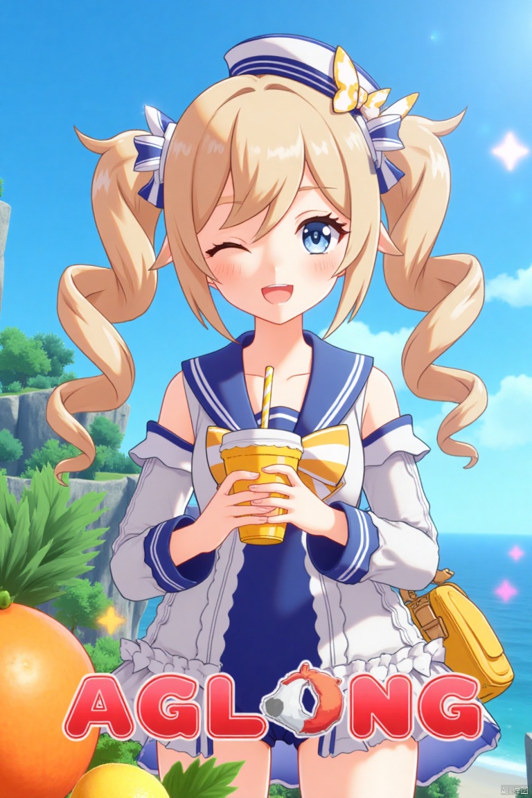 1girl, blush, smile, open mouth, blue eyes, blonde hair, long sleeves, hat, bow, holding, twintails, swimsuit, outdoors, detached sleeves, one eye closed, food, sky, day, sailor collar, bag, official alternate costume, cup, blue sky, one-piece swimsuit, fruit, ocean, beach, drill hair, twin drills, drinking straw, drink, sailor hat, Barbara (Genshin Impact), cinematic lighting, dynamic composition, detailed background with poster theme, high contrast, sharp focus, dramatic atmosphere, three-dimensional text AGlong in the middle below, movie poster, vibrant colors, sunny day, playful pose, holding a drink with a straw, surrounded by fruit, ocean waves in the background, sailor hat tilted slightly, twin drills swaying, cheerful expression, vibrant blue sky, cinematic framing.