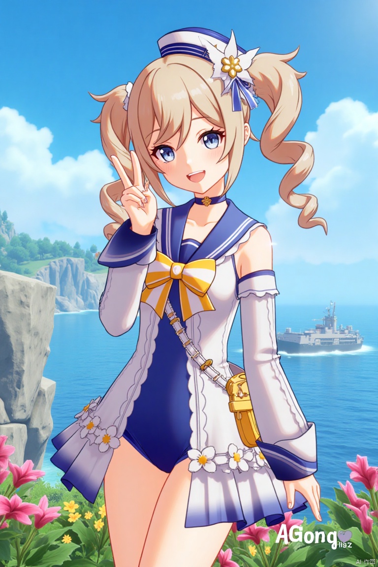 1girl, solo, long hair, looking at viewer, smile, open mouth, bangs, blue eyes, blonde hair, hair ornament, long sleeves, hat, bow, twintails, swimsuit, flower, :d, sidelocks, detached sleeves, choker, sailor collar, bag, official alternate costume, one-piece swimsuit, v, covered navel, drill hair, light brown hair, twin drills, blue one-piece swimsuit, handbag, sailor hat, double v, Barbara (Genshin Impact), cinematic lighting, dynamic composition, detailed background with poster theme, high contrast, sharp focus, dramatic atmosphere, three-dimensional text AGlong in the middle below, movie poster, vibrant colors, sunny day, playful pose, holding a handbag, surrounded by flowers, ocean waves in the background, sailor hat tilted slightly, twin drills swaying, cheerful expression, vibrant blue sky, cinematic framing.