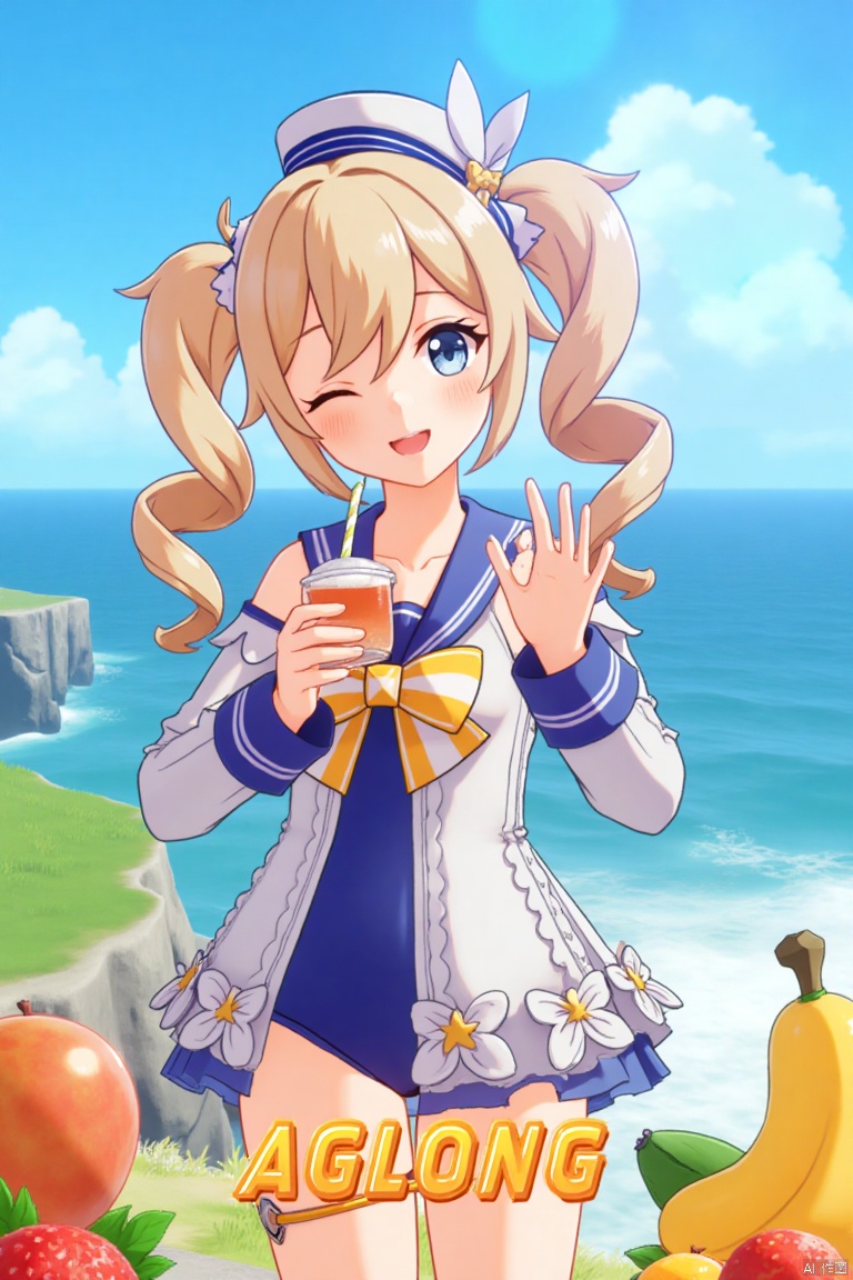 1girl, blush, smile, open mouth, blue eyes, blonde hair, long sleeves, hat, bow, holding, twintails, swimsuit, outdoors, detached sleeves, one eye closed, food, sky, day, sailor collar, bag, official alternate costume, cup, blue sky, one-piece swimsuit, fruit, ocean, beach, drill hair, twin drills, drinking straw, drink, sailor hat, Barbara (Genshin Impact), cinematic lighting, dynamic composition, detailed background with poster theme, high contrast, sharp focus, dramatic atmosphere, three-dimensional text AGlong in the middle below, movie poster, vibrant colors, sunny day, playful pose, holding a drink with a straw, surrounded by fruit, ocean waves in the background, sailor hat tilted slightly, twin drills swaying, cheerful expression, vibrant blue sky, cinematic framing.