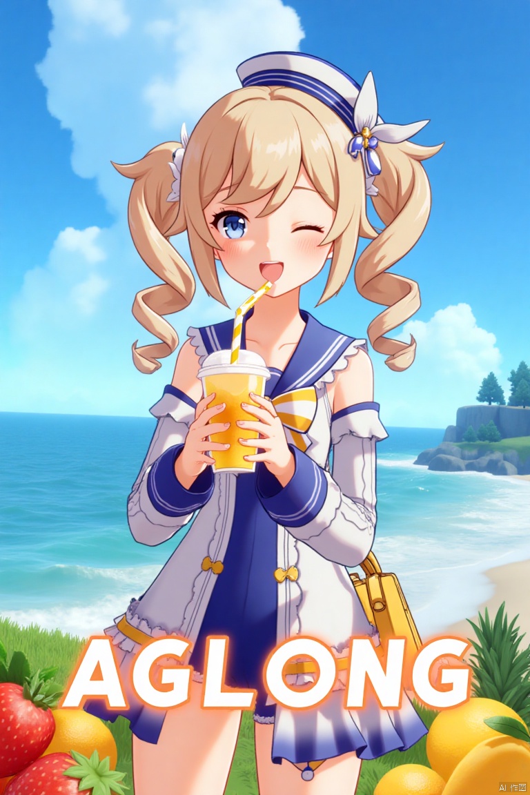 1girl, blush, smile, open mouth, blue eyes, blonde hair, long sleeves, hat, bow, holding, twintails, swimsuit, outdoors, detached sleeves, one eye closed, food, sky, day, sailor collar, bag, official alternate costume, cup, blue sky, one-piece swimsuit, fruit, ocean, beach, drill hair, twin drills, drinking straw, drink, sailor hat, Barbara (Genshin Impact), cinematic lighting, dynamic composition, detailed background with poster theme, high contrast, sharp focus, dramatic atmosphere, three-dimensional text AGlong in the middle below, movie poster, vibrant colors, sunny day, playful pose, holding a drink with a straw, surrounded by fruit, ocean waves in the background, sailor hat tilted slightly, twin drills swaying, cheerful expression, vibrant blue sky, cinematic framing.
