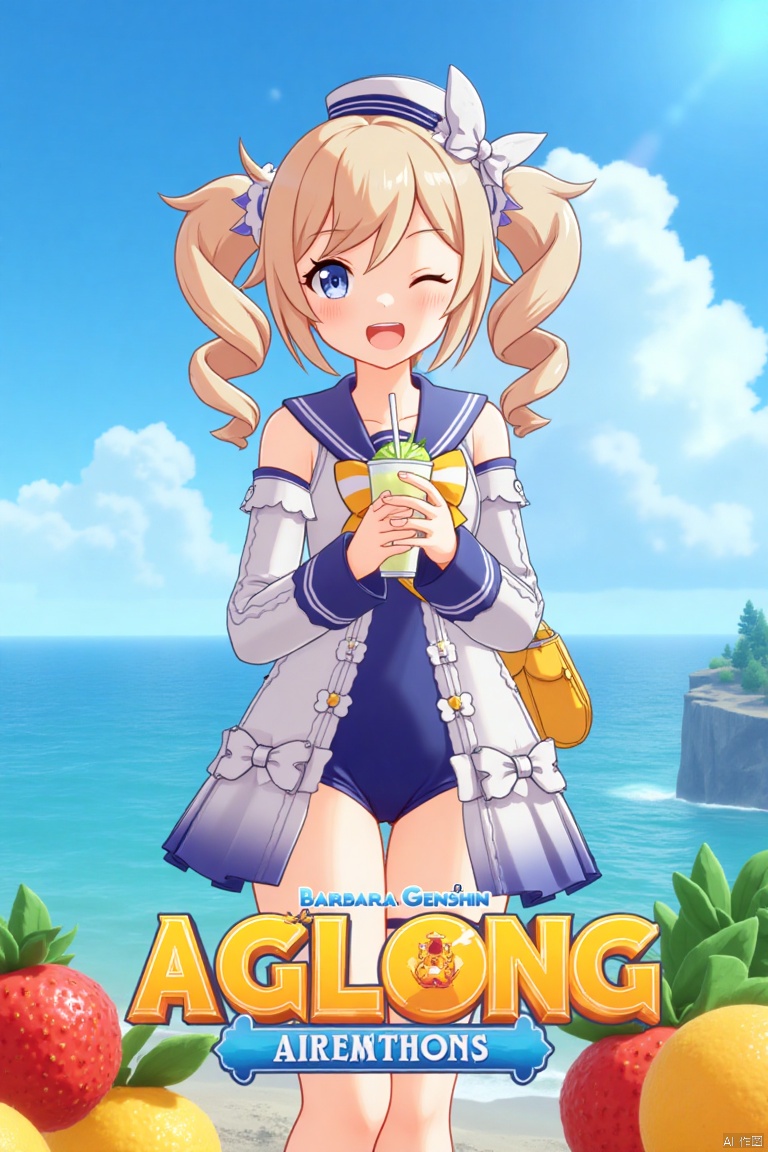 1girl, blush, smile, open mouth, blue eyes, blonde hair, long sleeves, hat, bow, holding, twintails, swimsuit, outdoors, detached sleeves, one eye closed, food, sky, day, sailor collar, bag, official alternate costume, cup, blue sky, one-piece swimsuit, fruit, ocean, beach, drill hair, twin drills, drinking straw, drink, sailor hat, Barbara (Genshin Impact), cinematic lighting, dynamic composition, detailed background with poster theme, high contrast, sharp focus, dramatic atmosphere, three-dimensional text AGlong in the middle below, movie poster, vibrant colors, sunny day, playful pose, holding a drink with a straw, surrounded by fruit, ocean waves in the background, sailor hat tilted slightly, twin drills swaying, cheerful expression, vibrant blue sky, cinematic framing.