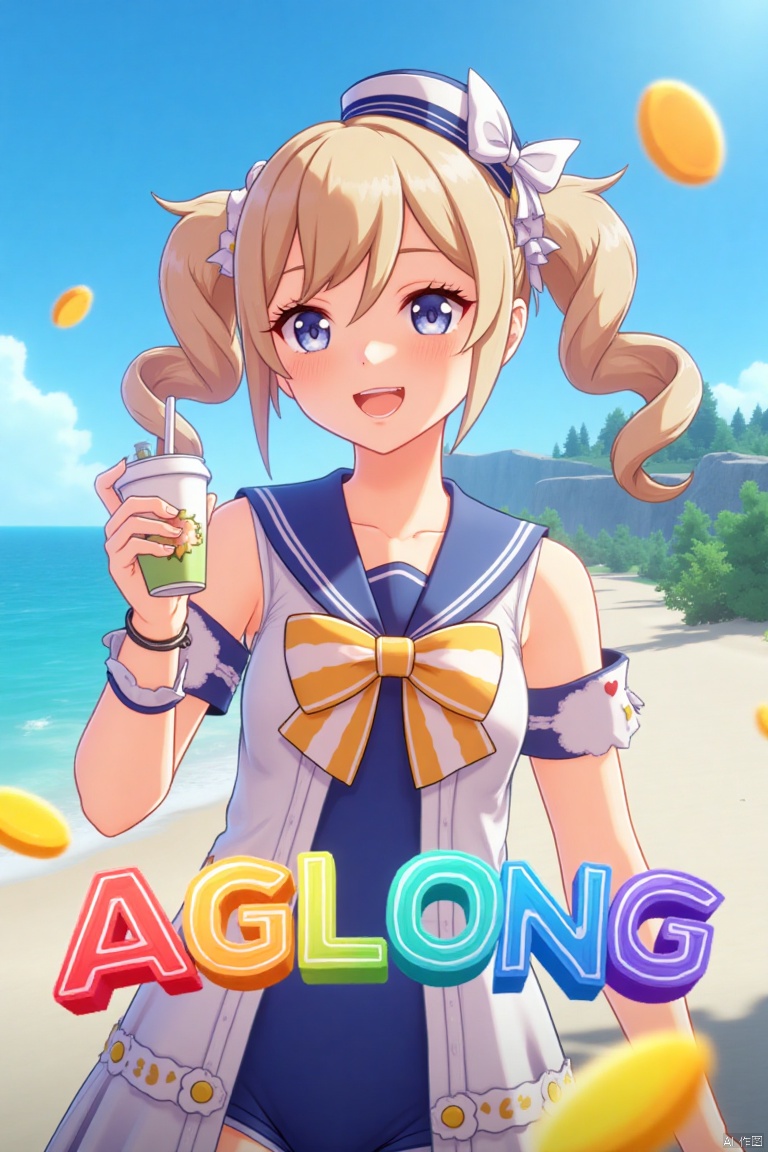 A cinematic movie poster featuring 1girl with a blush, smiling with an open mouth, blue eyes, and blonde hair in twintails, wearing a one-piece swimsuit with a sailor collar, detached sleeves, and a sailor hat with a bow. She is holding a cup with a drinking straw, set outdoors on a beach with a blue sky, ocean, and fruit scattered around. The dynamic composition includes a detailed background with a poster theme, cinematic lighting, high contrast, sharp focus, and a dramatic atmosphere. Three-dimensional text AGlong is placed prominently in the middle below, enhancing the cinematic and dramatic visual impact.
