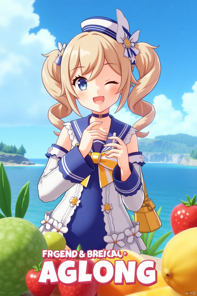 1girl, blush, smile, open mouth, blue eyes, blonde hair, long sleeves, hat, bow, holding, twintails, swimsuit, outdoors, detached sleeves, one eye closed, food, sky, day, sailor collar, bag, official alternate costume, cup, blue sky, one-piece swimsuit, fruit, ocean, beach, drill hair, twin drills, drinking straw, drink, sailor hat, Barbara (Genshin Impact), cinematic lighting, dynamic composition, detailed background with poster theme, high contrast, sharp focus, dramatic atmosphere, three-dimensional text AGlong in the middle below, movie poster, vibrant colors, sunny day, playful pose, holding a drink with a straw, surrounded by fruit, ocean waves in the background, sailor hat tilted slightly, twin drills swaying, cheerful expression, vibrant blue sky, cinematic framing.