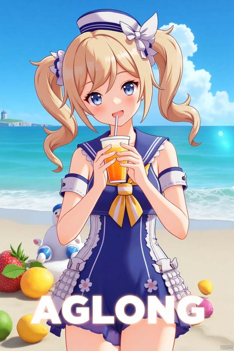 A cinematic movie poster featuring 1girl with a blush, smiling with an open mouth, blue eyes, and blonde hair in twintails, wearing a one-piece swimsuit with a sailor collar, detached sleeves, and a sailor hat with a bow. She is holding a cup with a drinking straw, set outdoors on a beach with a blue sky, ocean, and fruit scattered around. The dynamic composition includes a detailed background with a poster theme, cinematic lighting, high contrast, sharp focus, and a dramatic atmosphere. Three-dimensional text AGlong is placed prominently in the middle below, enhancing the cinematic and dramatic visual impact.