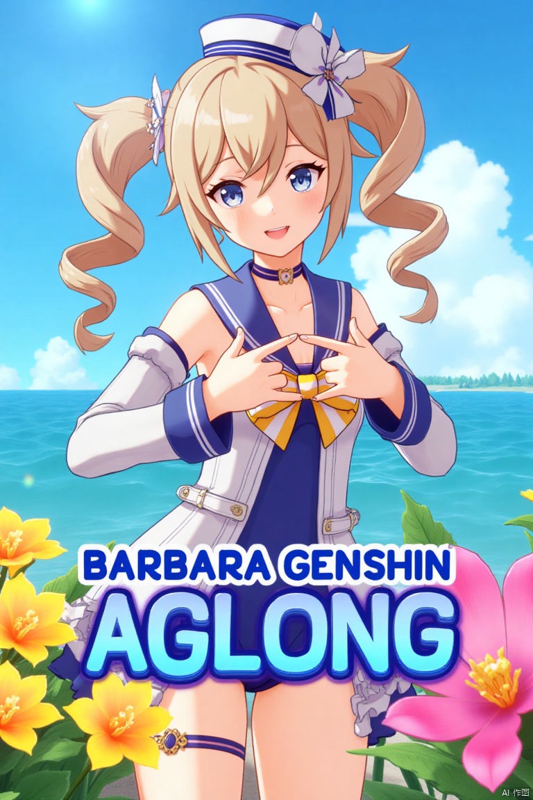 1girl, solo, long hair, looking at viewer, smile, open mouth, bangs, blue eyes, blonde hair, hair ornament, long sleeves, hat, bow, twintails, swimsuit, flower, :d, sidelocks, detached sleeves, choker, sailor collar, bag, official alternate costume, one-piece swimsuit, v, covered navel, drill hair, light brown hair, twin drills, blue one-piece swimsuit, handbag, sailor hat, double v, Barbara (Genshin Impact), cinematic lighting, dynamic composition, detailed background with poster theme, high contrast, sharp focus, dramatic atmosphere, three-dimensional text AGlong in the middle below, movie poster, vibrant colors, sunny day, playful pose, holding a handbag, surrounded by flowers, ocean waves in the background, sailor hat tilted slightly, twin drills swaying, cheerful expression, vibrant blue sky, cinematic framing.
