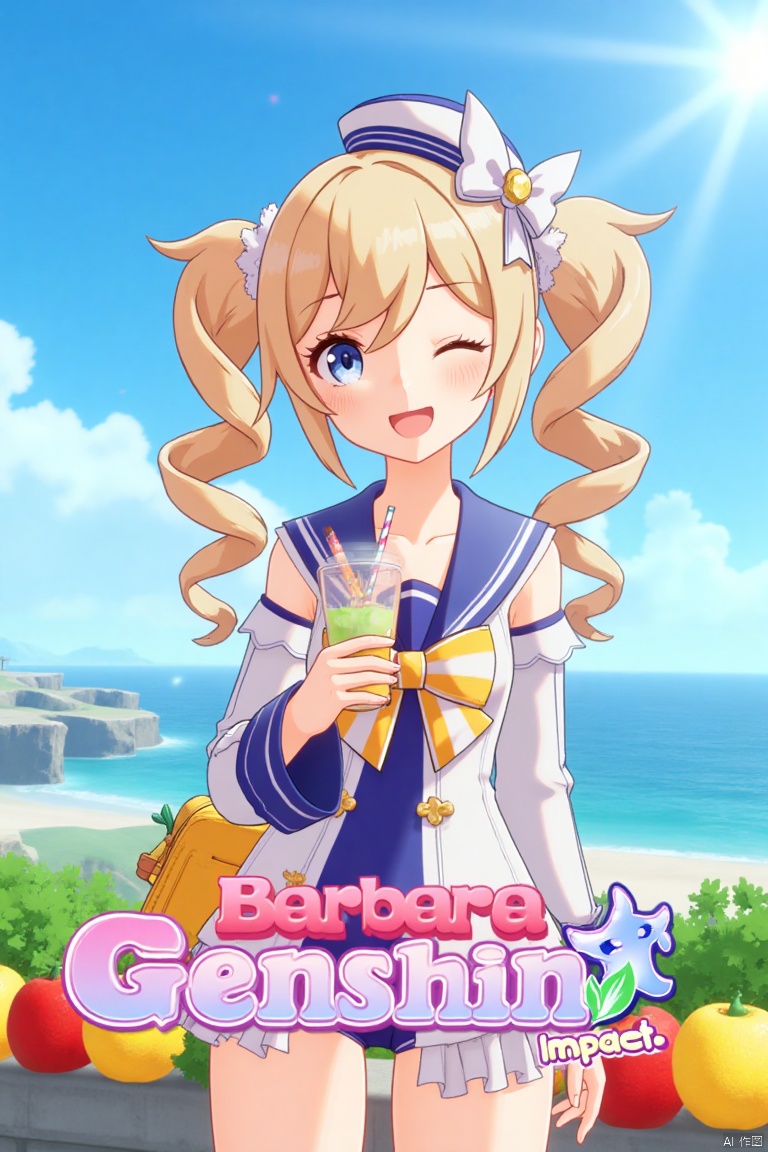 1girl, blush, smile, open mouth, blue eyes, blonde hair, long sleeves, hat, bow, holding, twintails, swimsuit, outdoors, detached sleeves, one eye closed, food, sky, day, sailor collar, bag, official alternate costume, cup, blue sky, one-piece swimsuit, fruit, ocean, beach, drill hair, twin drills, drinking straw, drink, sailor hat, Barbara (Genshin Impact), cinematic lighting, dynamic composition, detailed background with poster theme, high contrast, sharp focus, dramatic atmosphere, three-dimensional text AGlong in the middle below, movie poster, vibrant colors, sunny day, playful pose, holding a drink with a straw, surrounded by fruit, ocean waves in the background, sailor hat tilted slightly, twin drills swaying, cheerful expression, vibrant blue sky, cinematic framing.