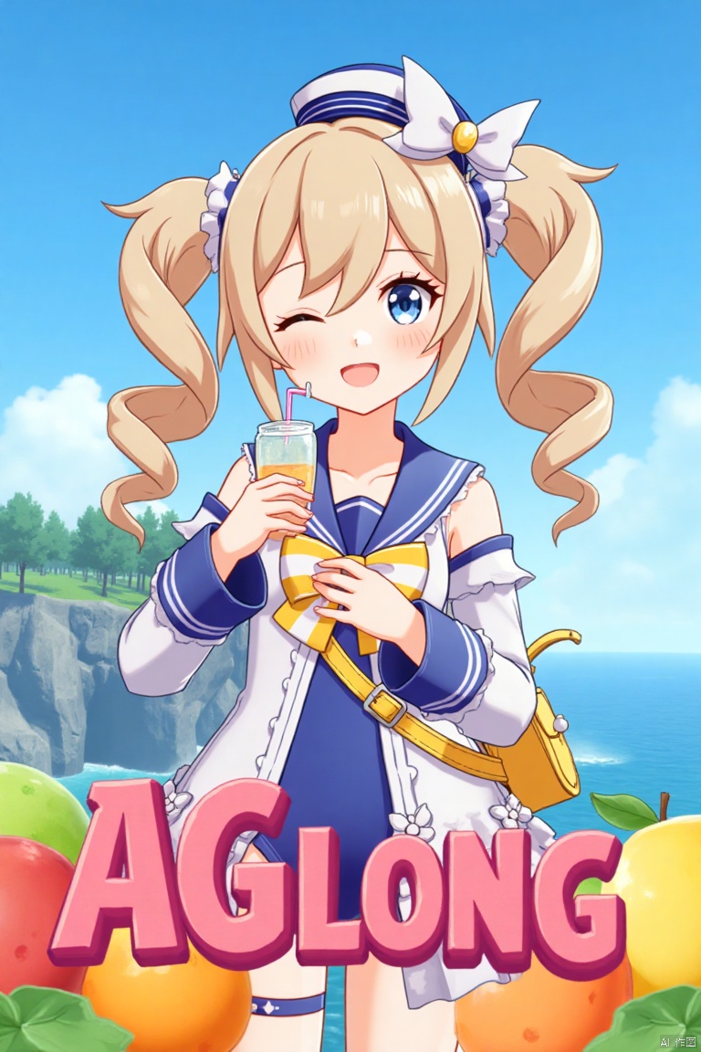 1girl, blush, smile, open mouth, blue eyes, blonde hair, long sleeves, hat, bow, holding, twintails, swimsuit, outdoors, detached sleeves, one eye closed, food, sky, day, sailor collar, bag, official alternate costume, cup, blue sky, one-piece swimsuit, fruit, ocean, beach, drill hair, twin drills, drinking straw, drink, sailor hat, Barbara (Genshin Impact), cinematic lighting, dynamic composition, detailed background with poster theme, high contrast, sharp focus, dramatic atmosphere, three-dimensional text AGlong in the middle below, movie poster, vibrant colors, sunny day, playful pose, holding a drink with a straw, surrounded by fruit, ocean waves in the background, sailor hat tilted slightly, twin drills swaying, cheerful expression, vibrant blue sky, cinematic framing.