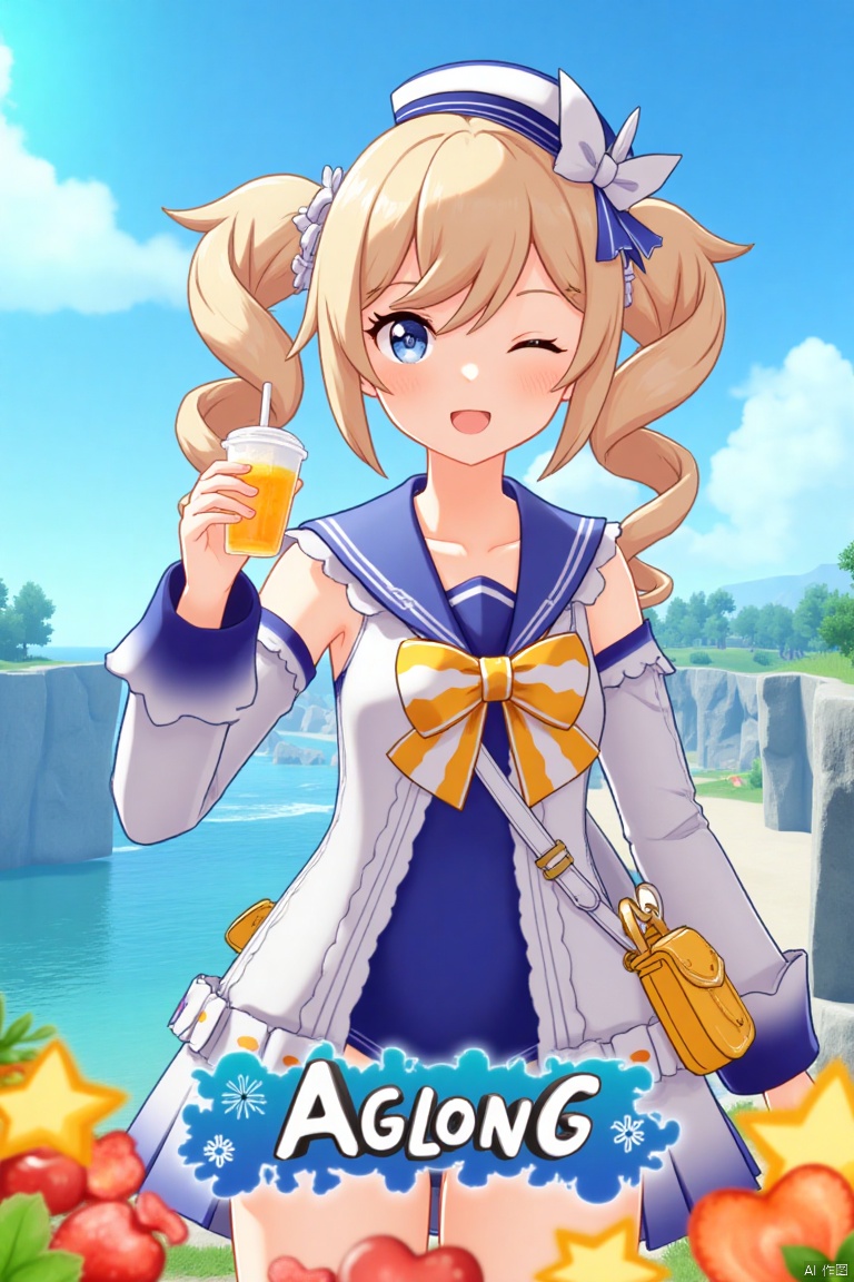 1girl, blush, smile, open mouth, blue eyes, blonde hair, long sleeves, hat, bow, holding, twintails, swimsuit, outdoors, detached sleeves, one eye closed, food, sky, day, sailor collar, bag, official alternate costume, cup, blue sky, one-piece swimsuit, fruit, ocean, beach, drill hair, twin drills, drinking straw, drink, sailor hat, Barbara (Genshin Impact), cinematic lighting, dynamic composition, detailed background with poster theme, high contrast, sharp focus, dramatic atmosphere, three-dimensional text AGlong in the middle below, movie poster, vibrant colors, sunny day, playful pose, holding a drink with a straw, surrounded by fruit, ocean waves in the background, sailor hat tilted slightly, twin drills swaying, cheerful expression, vibrant blue sky, cinematic framing.
