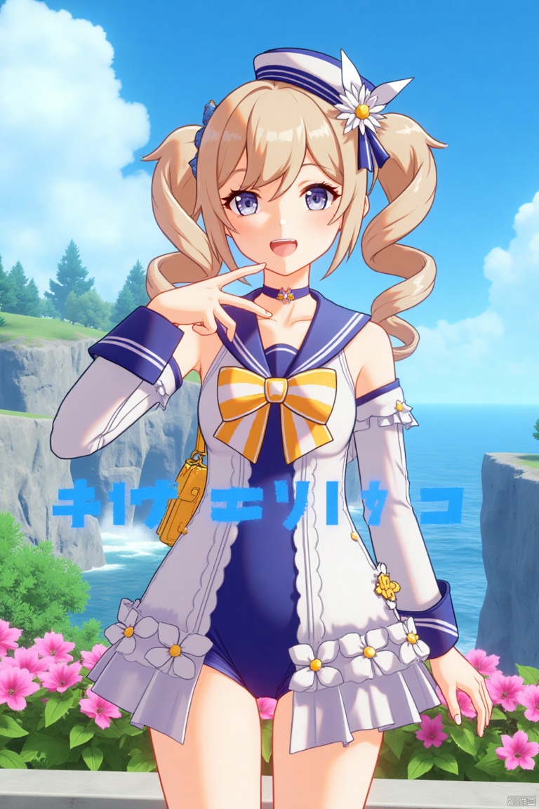 1girl, solo, long hair, looking at viewer, smile, open mouth, bangs, blue eyes, blonde hair, hair ornament, long sleeves, hat, bow, twintails, swimsuit, flower, :d, sidelocks, detached sleeves, choker, sailor collar, bag, official alternate costume, one-piece swimsuit, v, covered navel, drill hair, light brown hair, twin drills, blue one-piece swimsuit, handbag, sailor hat, double v, Barbara (Genshin Impact), cinematic lighting, dynamic composition, detailed background with poster theme, high contrast, sharp focus, dramatic atmosphere, three-dimensional text AGlong in the middle below, movie poster, vibrant colors, sunny day, playful pose, holding a handbag, surrounded by flowers, ocean waves in the background, sailor hat tilted slightly, twin drills swaying, cheerful expression, vibrant blue sky, cinematic framing.