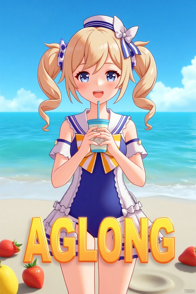 A cinematic movie poster featuring 1girl with a blush, smiling with an open mouth, blue eyes, and blonde hair in twintails, wearing a one-piece swimsuit with a sailor collar, detached sleeves, and a sailor hat with a bow. She is holding a cup with a drinking straw, set outdoors on a beach with a blue sky, ocean, and fruit scattered around. The dynamic composition includes a detailed background with a poster theme, cinematic lighting, high contrast, sharp focus, and a dramatic atmosphere. Three-dimensional text AGlong is placed prominently in the middle below, enhancing the cinematic and dramatic visual impact.