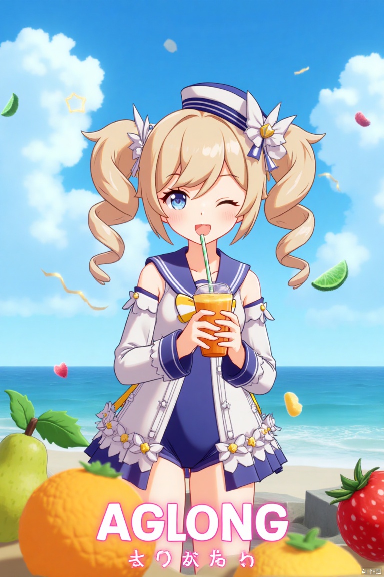 1girl, blush, smile, open mouth, blue eyes, blonde hair, long sleeves, hat, bow, holding, twintails, swimsuit, outdoors, detached sleeves, one eye closed, food, sky, day, sailor collar, bag, official alternate costume, cup, blue sky, one-piece swimsuit, fruit, ocean, beach, drill hair, twin drills, drinking straw, drink, sailor hat, Barbara (Genshin Impact), cinematic lighting, dynamic composition, detailed background with poster theme, high contrast, sharp focus, dramatic atmosphere, three-dimensional text AGlong in the middle below, movie poster, vibrant colors, sunny day, playful pose, holding a drink with a straw, surrounded by fruit, ocean waves in the background, sailor hat tilted slightly, twin drills swaying, cheerful expression, vibrant blue sky, cinematic framing.