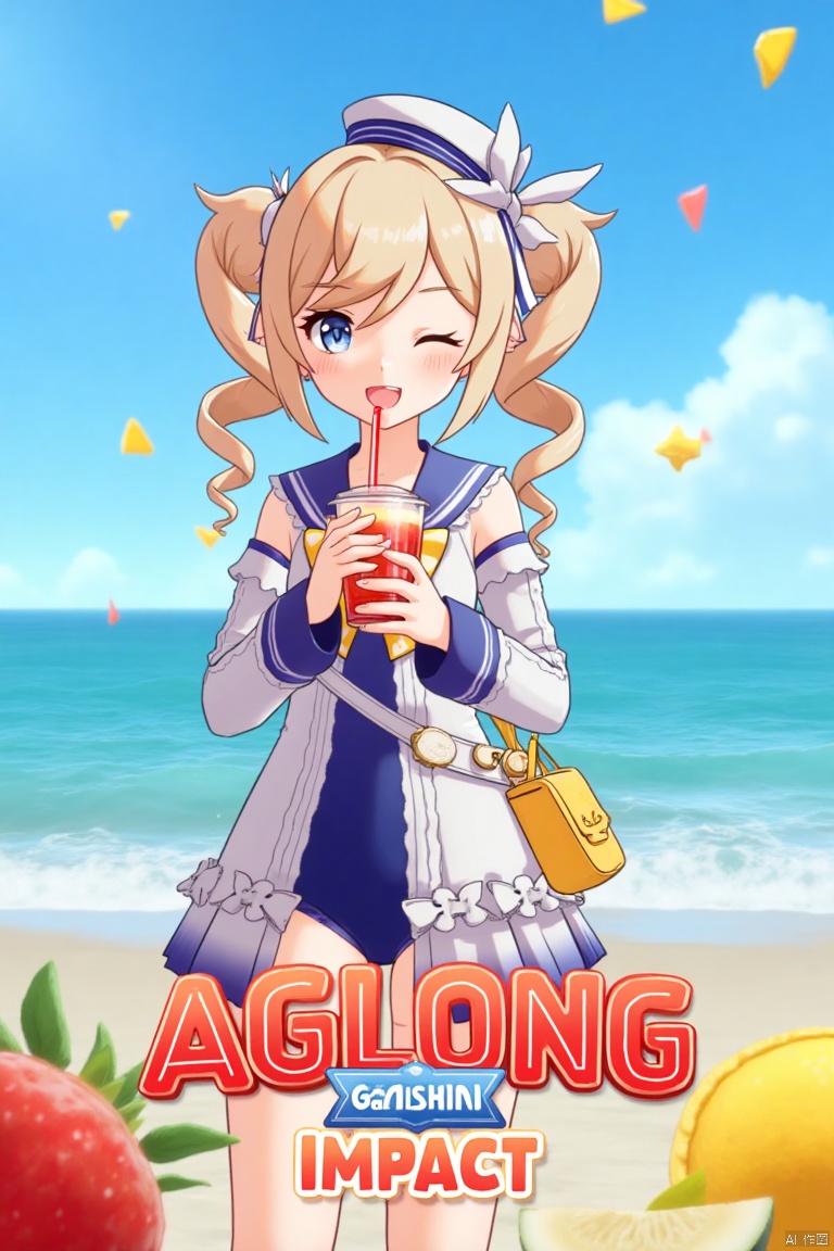 1girl, blush, smile, open mouth, blue eyes, blonde hair, long sleeves, hat, bow, holding, twintails, swimsuit, outdoors, detached sleeves, one eye closed, food, sky, day, sailor collar, bag, official alternate costume, cup, blue sky, one-piece swimsuit, fruit, ocean, beach, drill hair, twin drills, drinking straw, drink, sailor hat, Barbara (Genshin Impact), cinematic lighting, dynamic composition, detailed background with poster theme, high contrast, sharp focus, dramatic atmosphere, three-dimensional text AGlong in the middle below, movie poster, vibrant colors, sunny day, playful pose, holding a drink with a straw, surrounded by fruit, ocean waves in the background, sailor hat tilted slightly, twin drills swaying, cheerful expression, vibrant blue sky, cinematic framing.