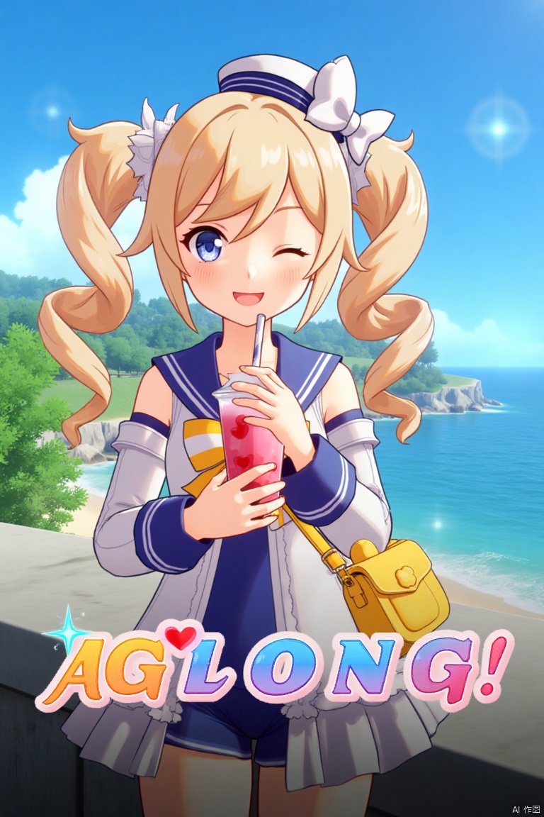 1girl, blush, smile, open mouth, blue eyes, blonde hair, long sleeves, hat, bow, holding, twintails, swimsuit, outdoors, detached sleeves, one eye closed, food, sky, day, sailor collar, bag, official alternate costume, cup, blue sky, one-piece swimsuit, fruit, ocean, beach, drill hair, twin drills, drinking straw, drink, sailor hat, Barbara (Genshin Impact), cinematic lighting, dynamic composition, detailed background with poster theme, high contrast, sharp focus, dramatic atmosphere, three-dimensional text AGlong in the middle below, movie poster, vibrant colors, sunny day, playful pose, holding a drink with a straw, surrounded by fruit, ocean waves in the background, sailor hat tilted slightly, twin drills swaying, cheerful expression, vibrant blue sky, cinematic framing.