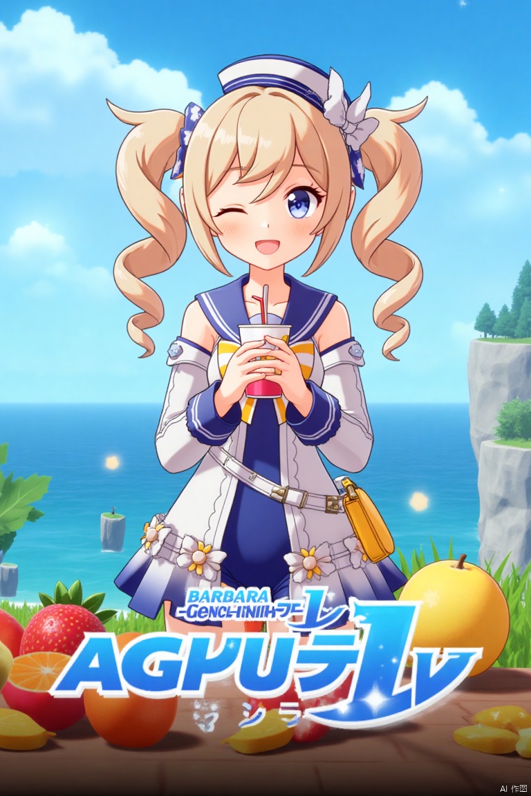 1girl, blush, smile, open mouth, blue eyes, blonde hair, long sleeves, hat, bow, holding, twintails, swimsuit, outdoors, detached sleeves, one eye closed, food, sky, day, sailor collar, bag, official alternate costume, cup, blue sky, one-piece swimsuit, fruit, ocean, beach, drill hair, twin drills, drinking straw, drink, sailor hat, Barbara (Genshin Impact), cinematic lighting, dynamic composition, detailed background with poster theme, high contrast, sharp focus, dramatic atmosphere, three-dimensional text AGlong in the middle below, movie poster, vibrant colors, sunny day, playful pose, holding a drink with a straw, surrounded by fruit, ocean waves in the background, sailor hat tilted slightly, twin drills swaying, cheerful expression, vibrant blue sky, cinematic framing.