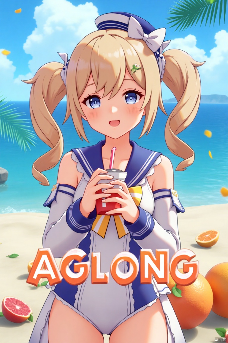 A cinematic movie poster featuring 1girl with a blush, smiling with an open mouth, blue eyes, and blonde hair in twintails, wearing a one-piece swimsuit with a sailor collar, detached sleeves, and a sailor hat with a bow. She is holding a cup with a drinking straw, set outdoors on a beach with a blue sky, ocean, and fruit scattered around. The dynamic composition includes a detailed background with a poster theme, cinematic lighting, high contrast, sharp focus, and a dramatic atmosphere. Three-dimensional text AGlong is placed in the middle below, enhancing the dramatic and cinematic feel of the scene.