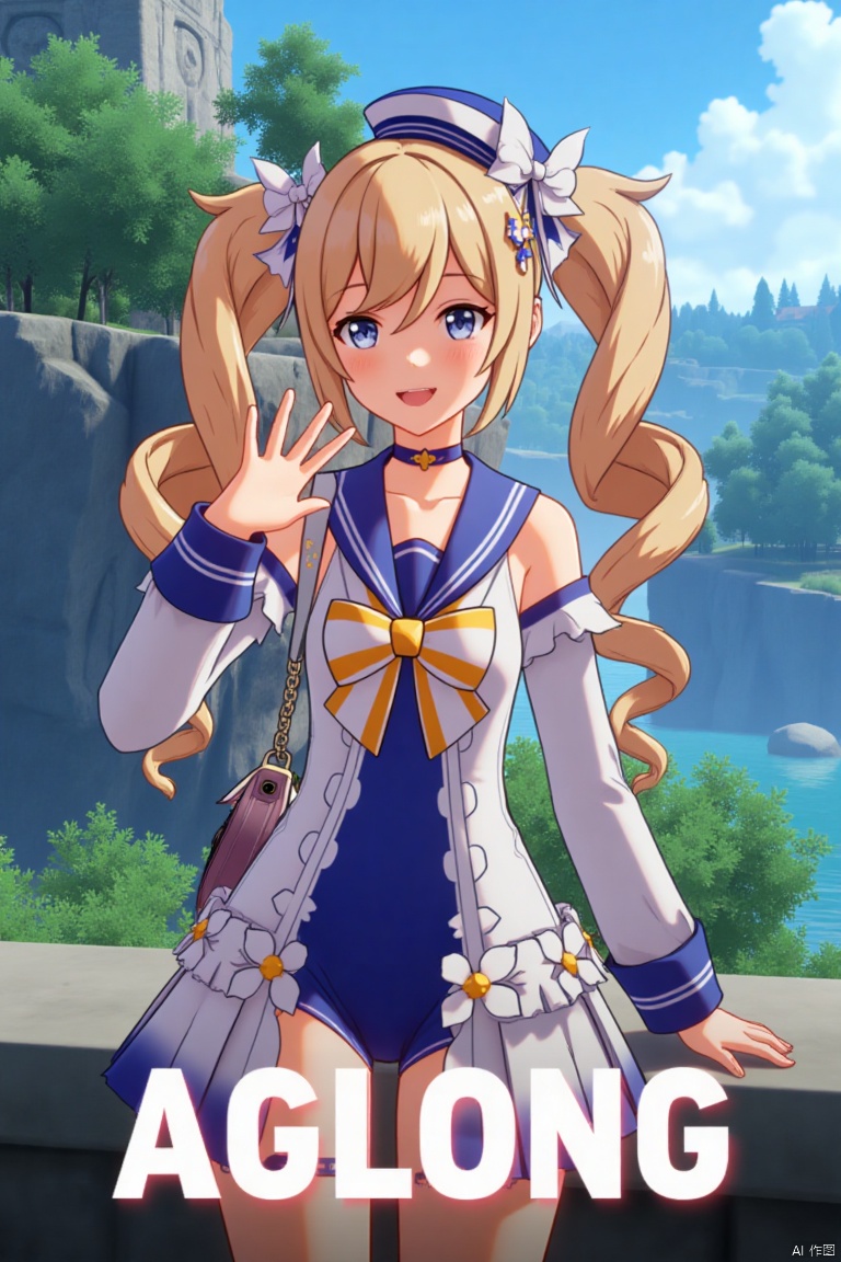A cinematic movie poster featuring 1girl, solo, with long blonde hair, twintails, and twin drills, looking at the viewer with a smile and open mouth. She wears a blue one-piece swimsuit with a sailor collar, detached sleeves, and a sailor hat with a bow, complemented by a choker and hair ornament. The scene is set outdoors with a detailed background, cinematic lighting, and a dramatic atmosphere. She holds a handbag, with flowers and sidelocks adding charm. The dynamic composition includes high contrast, sharp focus, and three-dimensional text AGlong prominently placed in the middle below, enhancing the cinematic poster theme.