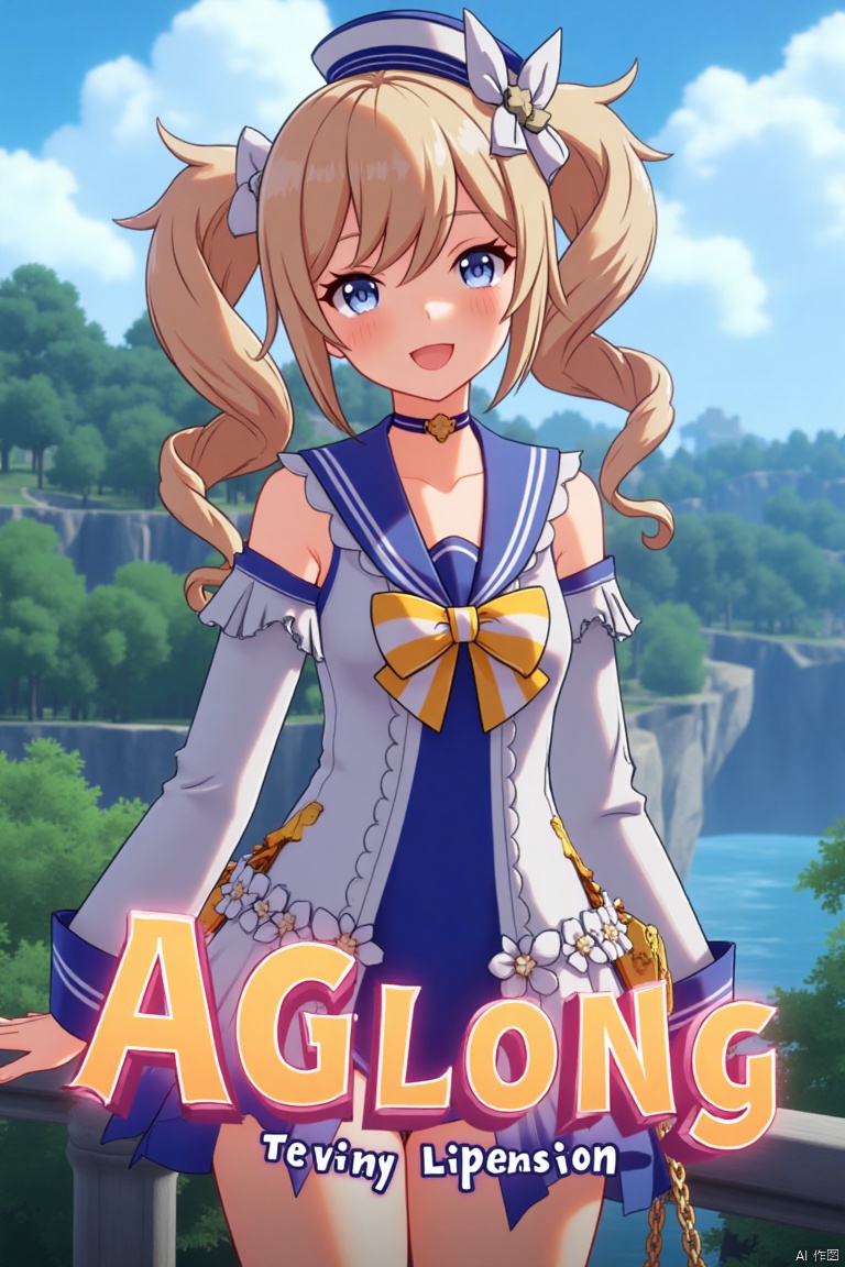 A cinematic movie poster featuring 1girl, solo, with long blonde hair, twintails, and twin drills, looking at the viewer with a smile and open mouth. She wears a blue one-piece swimsuit with a sailor collar, detached sleeves, and a sailor hat with a bow, complemented by a choker and hair ornament. The scene is set outdoors with a detailed background, cinematic lighting, and a dramatic atmosphere. She holds a handbag, with flowers and sidelocks adding charm. The dynamic composition includes high contrast, sharp focus, and three-dimensional text AGlong prominently placed in the middle below, enhancing the cinematic poster theme.