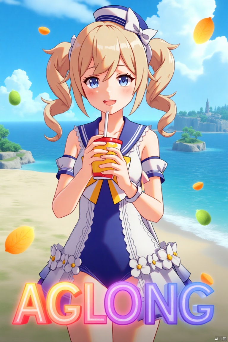 A cinematic movie poster featuring 1girl with a blush, smiling with an open mouth, blue eyes, and blonde hair in twintails, wearing a one-piece swimsuit with a sailor collar, detached sleeves, and a sailor hat with a bow. She is holding a cup with a drinking straw, set outdoors on a beach with a blue sky, ocean, and fruit scattered around. The dynamic composition includes a detailed background with a poster theme, cinematic lighting, high contrast, sharp focus, and a dramatic atmosphere. Three-dimensional text AGlong is placed prominently in the middle below, enhancing the cinematic and dramatic visual impact.