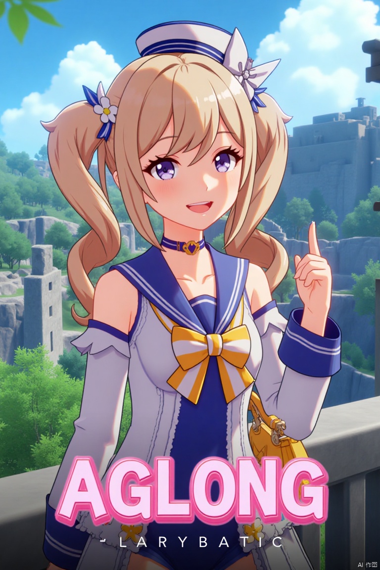 A cinematic movie poster featuring 1girl, solo, with long blonde hair, twintails, and twin drills, looking at the viewer with a smile and open mouth. She wears a blue one-piece swimsuit with a sailor collar, detached sleeves, and a sailor hat with a bow, complemented by a choker and hair ornament. The scene is set outdoors with a detailed background, cinematic lighting, and a dramatic atmosphere. She holds a handbag, with flowers and sidelocks adding charm. The dynamic composition includes high contrast, sharp focus, and three-dimensional text AGlong prominently placed in the middle below, enhancing the cinematic poster theme.
