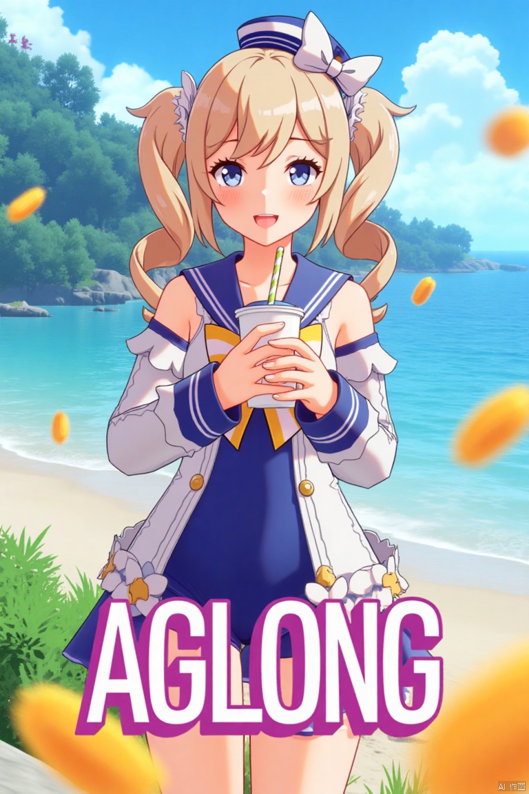 A cinematic movie poster featuring 1girl with a blush, smiling with an open mouth, blue eyes, and blonde hair in twintails, wearing a one-piece swimsuit with a sailor collar, detached sleeves, and a sailor hat with a bow. She is holding a cup with a drinking straw, set outdoors on a beach with a blue sky, ocean, and fruit scattered around. The dynamic composition includes a detailed background with a poster theme, cinematic lighting, high contrast, sharp focus, and a dramatic atmosphere. Three-dimensional text AGlong is placed in the middle below, enhancing the dramatic and cinematic feel of the scene.