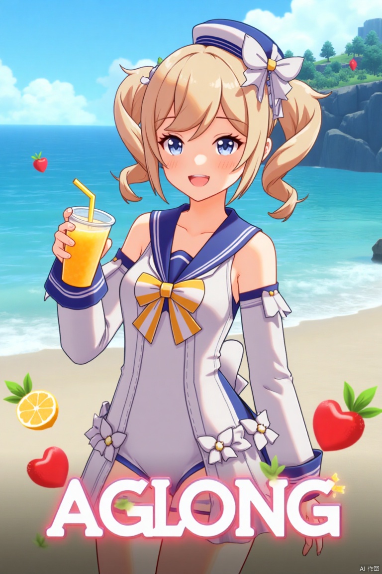 A cinematic movie poster featuring 1girl with a blush, smiling with an open mouth, blue eyes, and blonde hair in twintails, wearing a one-piece swimsuit with a sailor collar, detached sleeves, and a sailor hat with a bow. She is holding a cup with a drinking straw, set outdoors on a beach with a blue sky, ocean, and fruit scattered around. The dynamic composition includes a detailed background with a poster theme, cinematic lighting, high contrast, sharp focus, and a dramatic atmosphere. Three-dimensional text AGlong is placed in the middle below, enhancing the dramatic and cinematic feel of the scene.