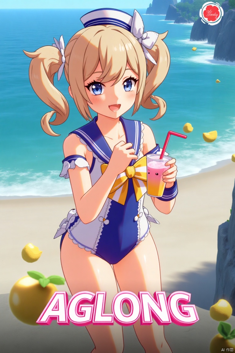 A cinematic movie poster featuring 1girl with a blush, smiling with an open mouth, blue eyes, and blonde hair in twintails, wearing a one-piece swimsuit with a sailor collar, detached sleeves, and a sailor hat with a bow. She is holding a cup with a drinking straw, set outdoors on a beach with a blue sky, ocean, and fruit scattered around. The dynamic composition includes a detailed background with a poster theme, cinematic lighting, high contrast, sharp focus, and a dramatic atmosphere. Three-dimensional text AGlong is placed prominently in the middle below, enhancing the cinematic and dramatic visual impact.