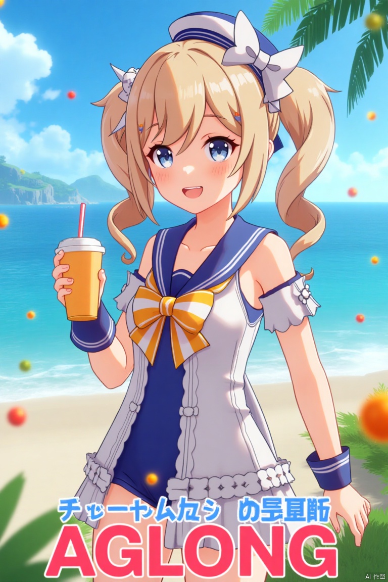 A cinematic movie poster featuring 1girl with a blush, smiling with an open mouth, blue eyes, and blonde hair in twintails, wearing a one-piece swimsuit with a sailor collar, detached sleeves, and a sailor hat with a bow. She is holding a cup with a drinking straw, set outdoors on a beach with a blue sky, ocean, and fruit scattered around. The dynamic composition includes a detailed background with a poster theme, cinematic lighting, high contrast, sharp focus, and a dramatic atmosphere. Three-dimensional text AGlong is placed prominently in the middle below, enhancing the cinematic and dramatic visual impact.