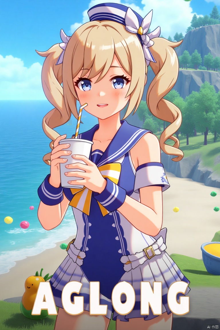 A cinematic movie poster featuring 1girl with a blush, smiling with an open mouth, blue eyes, and blonde hair in twintails, wearing a one-piece swimsuit with a sailor collar, detached sleeves, and a sailor hat with a bow. She is holding a cup with a drinking straw, set outdoors on a beach with a blue sky, ocean, and fruit scattered around. The dynamic composition includes a detailed background with a poster theme, cinematic lighting, high contrast, sharp focus, and a dramatic atmosphere. Three-dimensional text AGlong is placed in the middle below, enhancing the dramatic and cinematic feel of the scene.