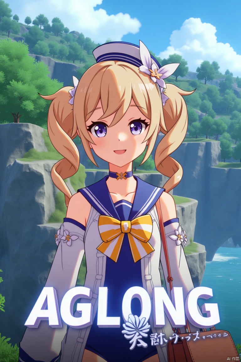 A cinematic movie poster featuring 1girl, solo, with long blonde hair, twintails, and twin drills, looking at the viewer with a smile and open mouth. She wears a blue one-piece swimsuit with a sailor collar, detached sleeves, and a sailor hat with a bow, complemented by a choker and hair ornament. The scene is set outdoors with a detailed background, cinematic lighting, and a dramatic atmosphere. She holds a handbag, with flowers and sidelocks adding charm. The dynamic composition includes high contrast, sharp focus, and three-dimensional text AGlong prominently placed in the middle below, enhancing the cinematic poster theme.