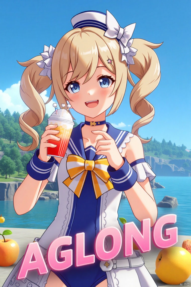 A cinematic movie poster featuring 1girl with a blush, smiling with an open mouth, blue eyes, and blonde hair in twintails, wearing a one-piece swimsuit with a sailor collar, detached sleeves, and a sailor hat with a bow. She is holding a cup with a drinking straw, set outdoors on a beach with a blue sky, ocean, and fruit scattered around. The dynamic composition includes a detailed background with a poster theme, cinematic lighting, high contrast, sharp focus, and a dramatic atmosphere. Three-dimensional text AGlong is placed prominently in the middle below, enhancing the cinematic and dramatic visual impact.