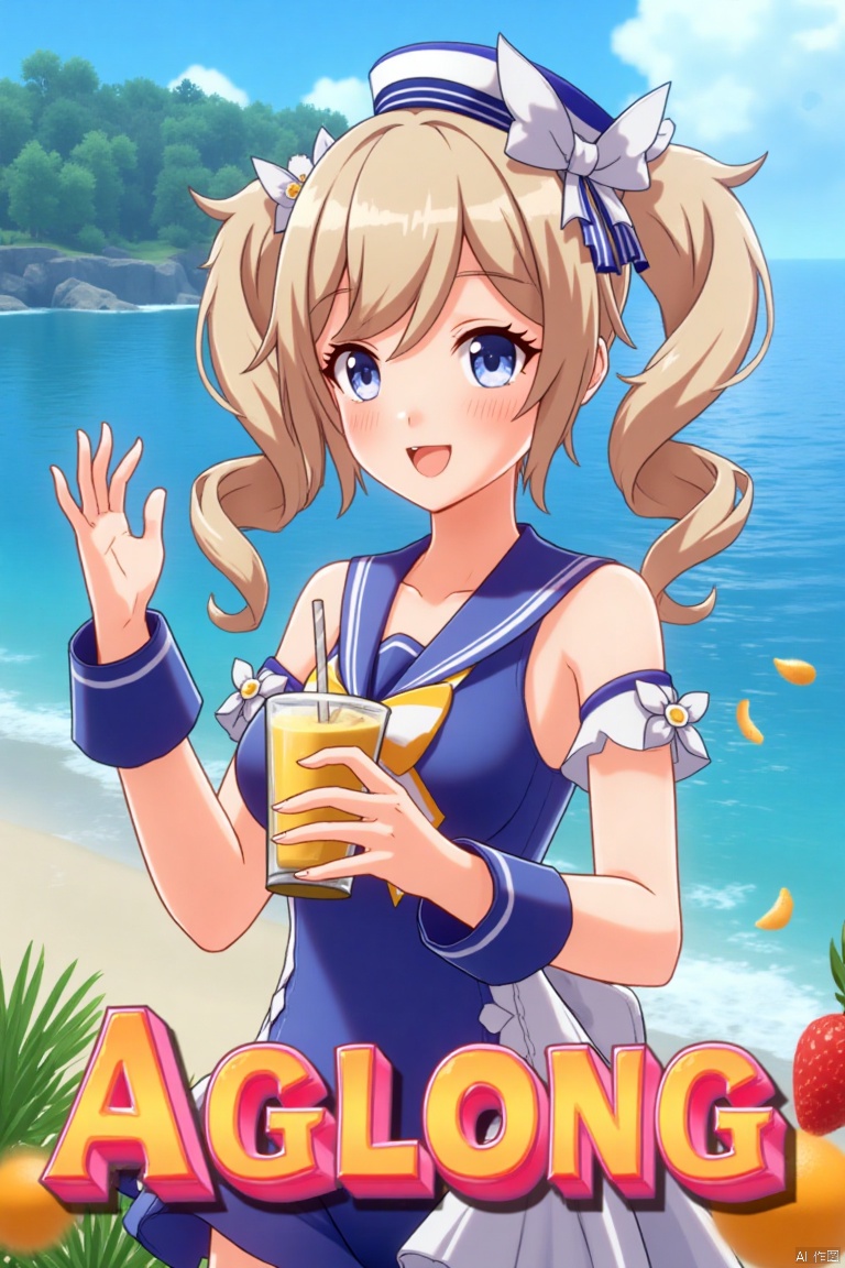 A cinematic movie poster featuring 1girl with a blush, smiling with an open mouth, blue eyes, and blonde hair in twintails, wearing a one-piece swimsuit with a sailor collar, detached sleeves, and a sailor hat with a bow. She is holding a cup with a drinking straw, set outdoors on a beach with a blue sky, ocean, and fruit scattered around. The dynamic composition includes a detailed background with a poster theme, cinematic lighting, high contrast, sharp focus, and a dramatic atmosphere. Three-dimensional text AGlong is placed prominently in the middle below, enhancing the cinematic and dramatic visual impact.